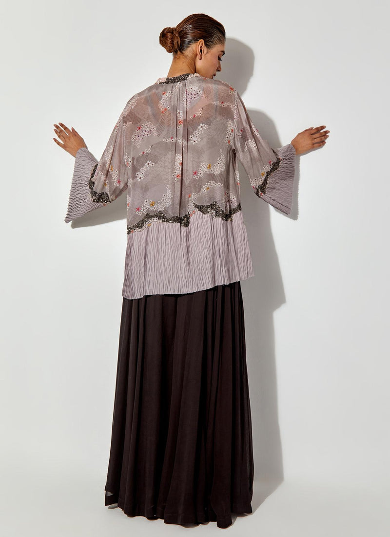 Grey/ Black Printed, Pleated And Embroidery Top Paired With Panelled Sharara Pants