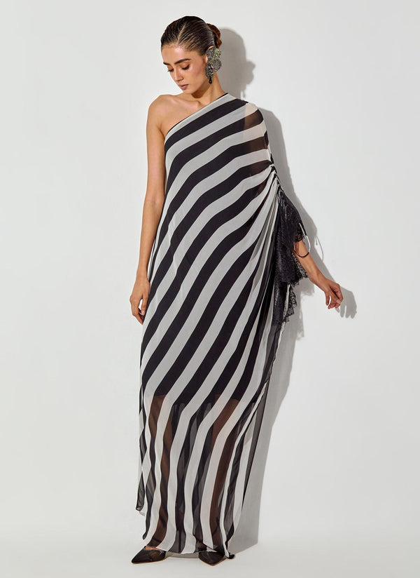 Black One Shoulder Printed Dress With Lace Detailing