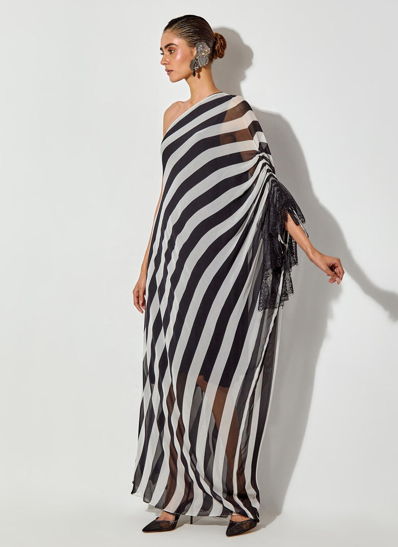 Black One Shoulder Printed Dress With Lace Detailing