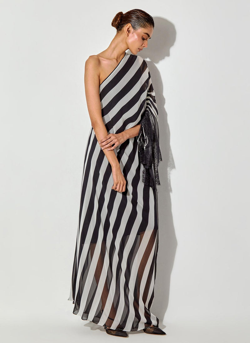 Black One Shoulder Printed Dress With Lace Detailing