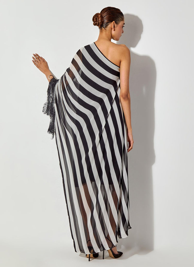 Black One Shoulder Printed Dress With Lace Detailing