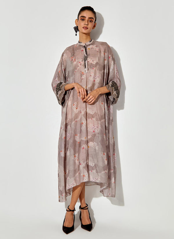 Grey Printed And Embroidered Tunic Dress