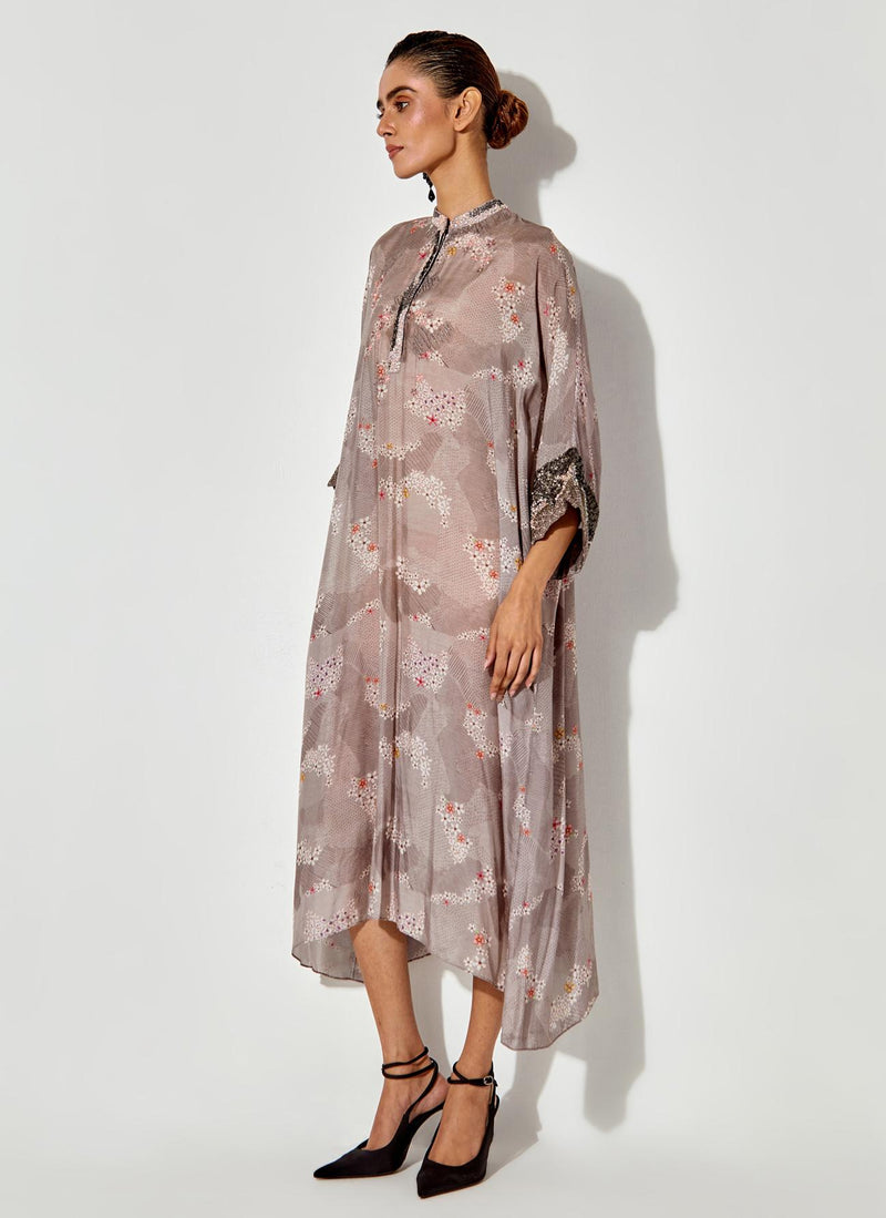 Grey Printed And Embroidered Tunic Dress