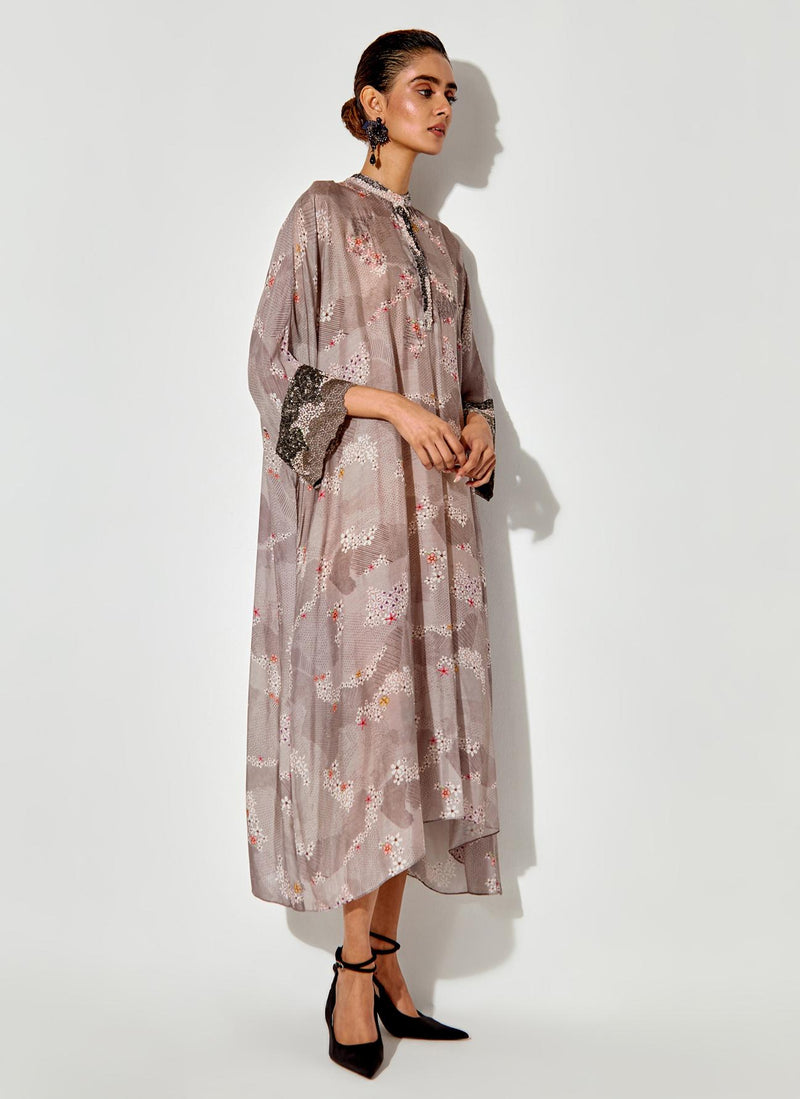 Grey Printed And Embroidered Tunic Dress