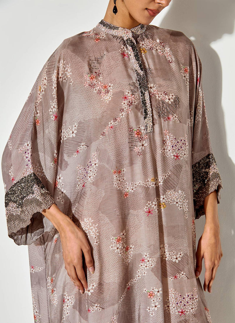 Grey Printed And Embroidered Tunic Dress