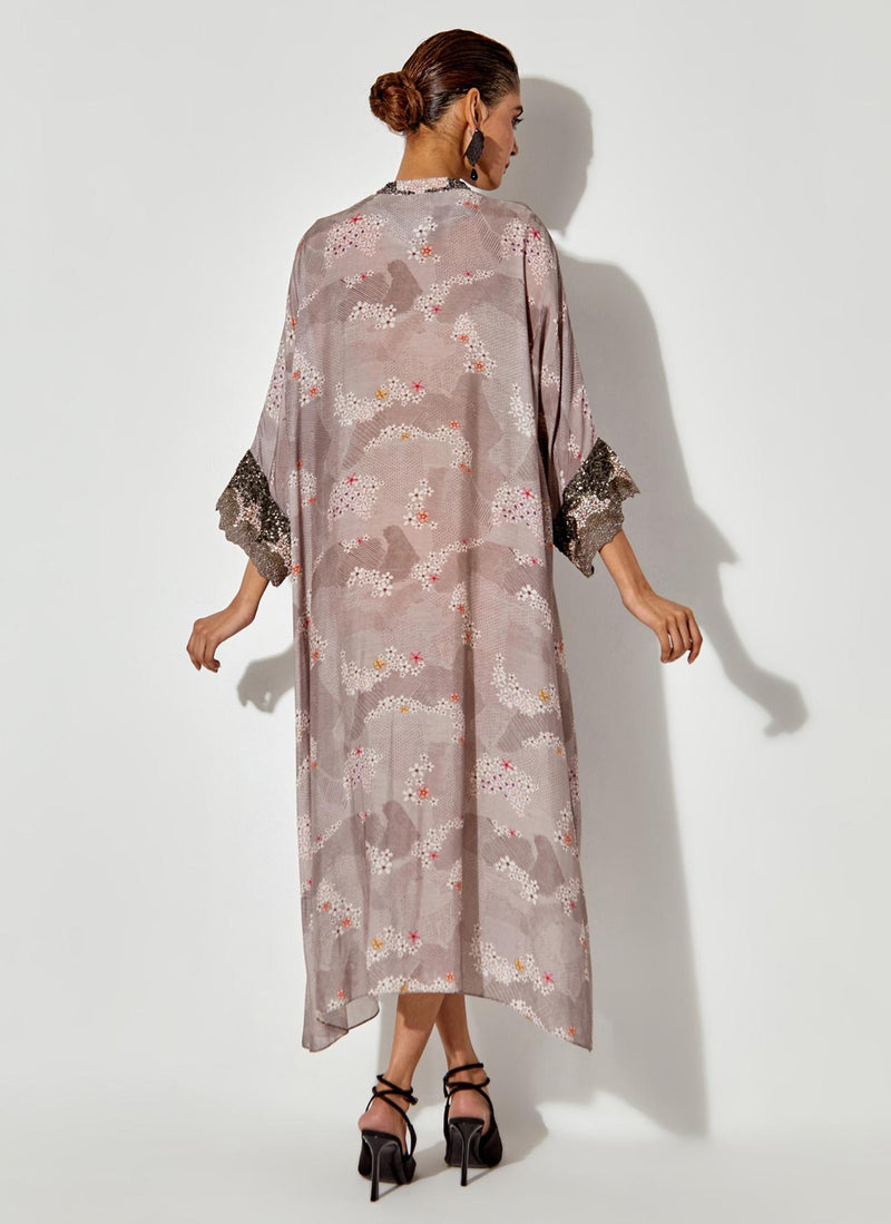 Grey Printed And Embroidered Tunic Dress