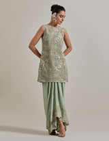 Sage Green Water Glimmer Long Tunic Paired With Satin Drape Skirt