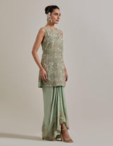 Sage Green Water Glimmer Long Tunic Paired With Satin Drape Skirt