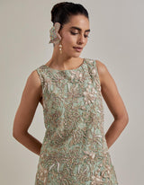 Sage Green Water Glimmer Long Tunic Paired With Satin Drape Skirt