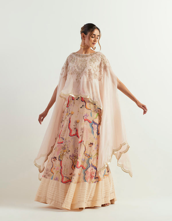 Organza Hand Embroidered Dupatta Cape With Inner Paired With Eclectic Printed Skirt