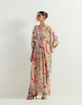 Eclectic Printed Long Kaftan Dress With Lace And Stone Work