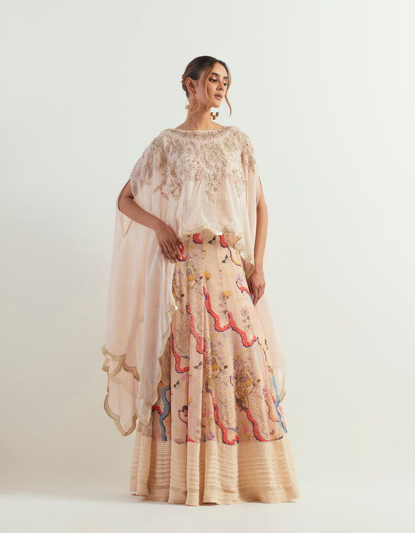 Organza Hand Embroidered Dupatta Cape With Inner Paired With Eclectic Printed Skirt