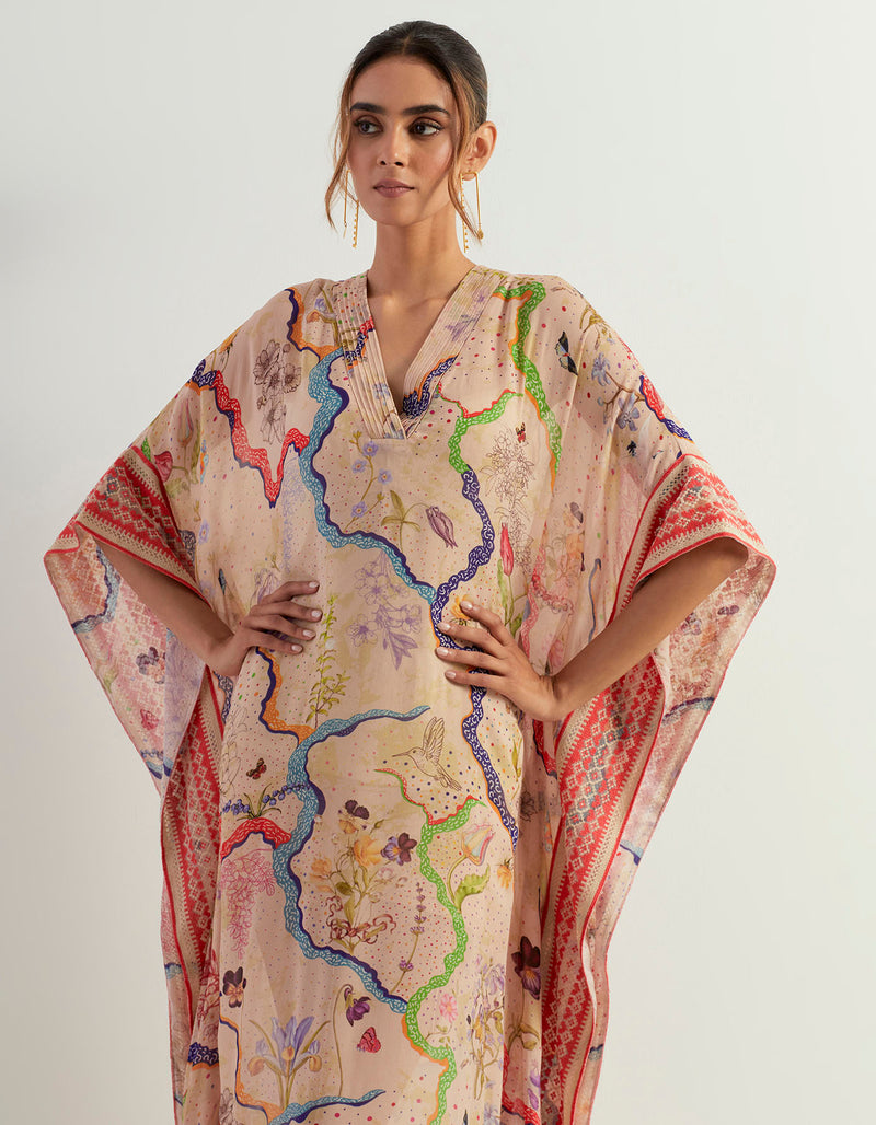 Eclectic Printed Kaftan With Cross Stitch Embroidered Border