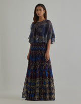 Blue Embroidered Skirt with Cape