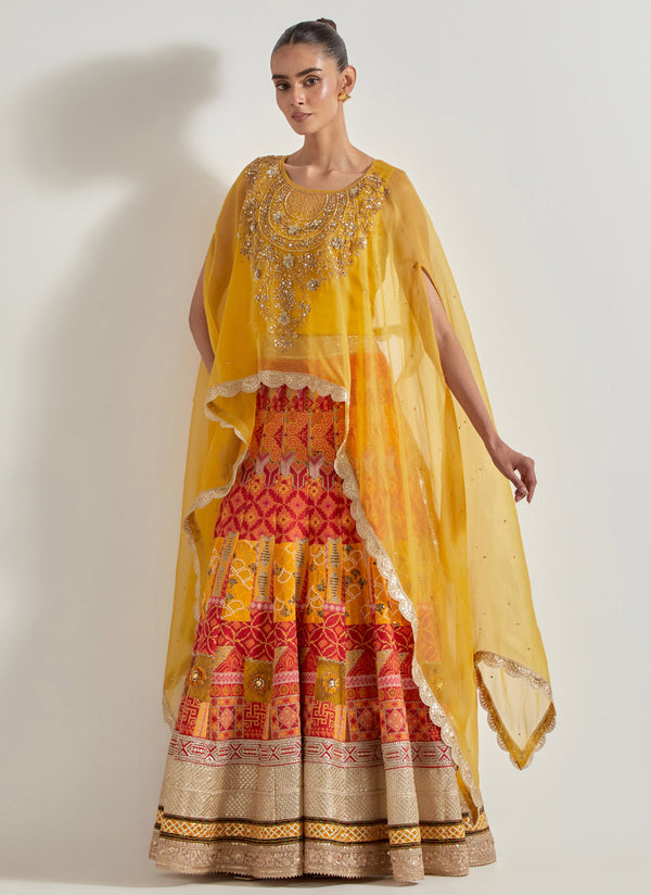 Yellow Sajawat Dupatta Cape Skirt Set