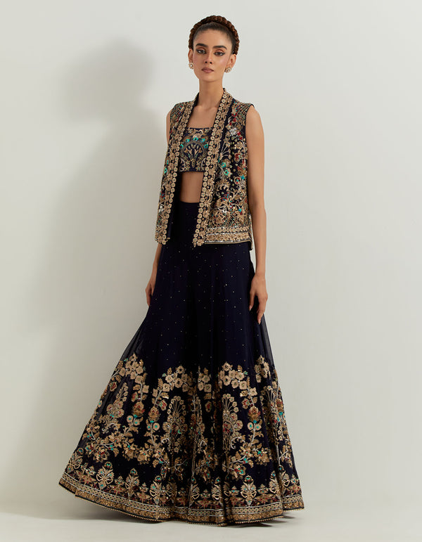 Blue Dori And Hand Embellished Sharara With Bustier And Jacket