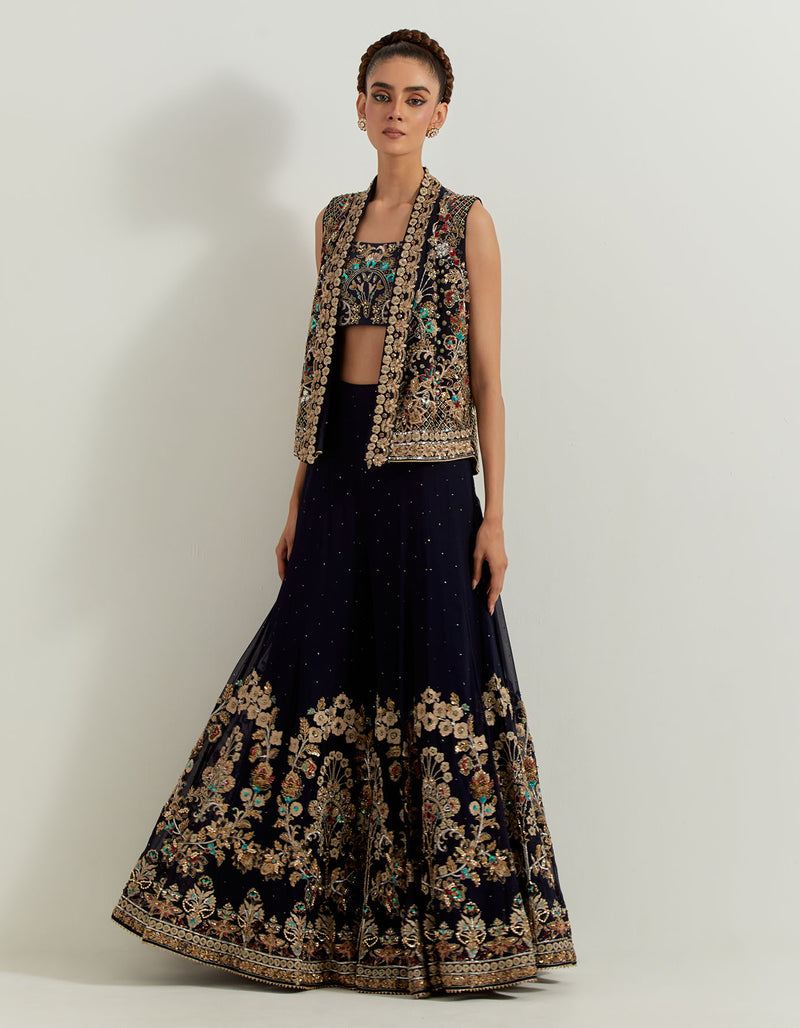 Blue Dori And Hand Embellished Sharara With Bustier And Jacket