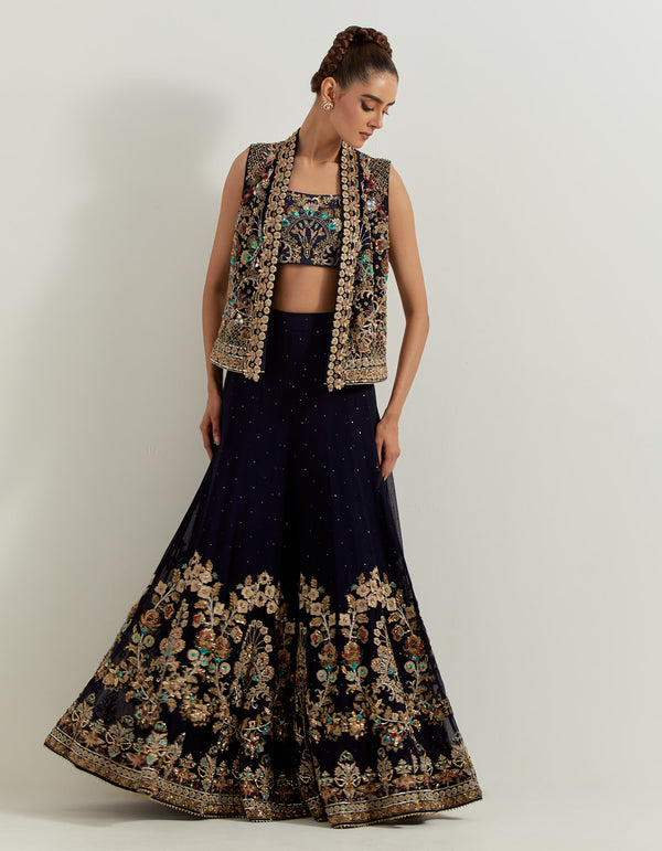 Blue Dori And Hand Embellished Sharara With Bustier And Jacket