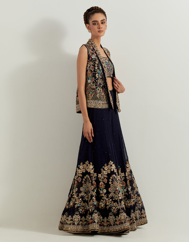 Blue Dori And Hand Embellished Sharara With Bustier And Jacket