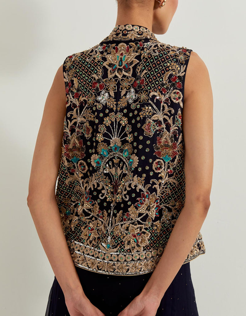Blue Dori And Hand Embellished Sharara With Bustier And Jacket