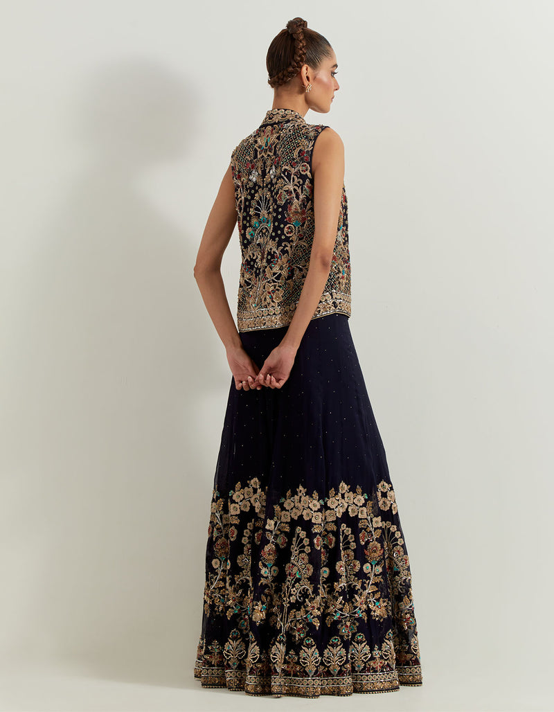 Blue Dori And Hand Embellished Sharara With Bustier And Jacket