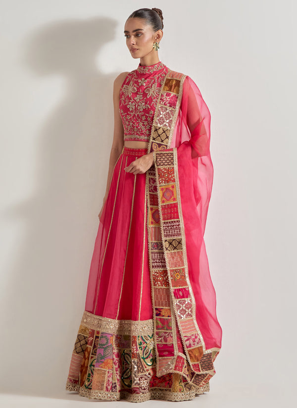 Fuchsia Patch Work Lehnga Set In Organza Silk