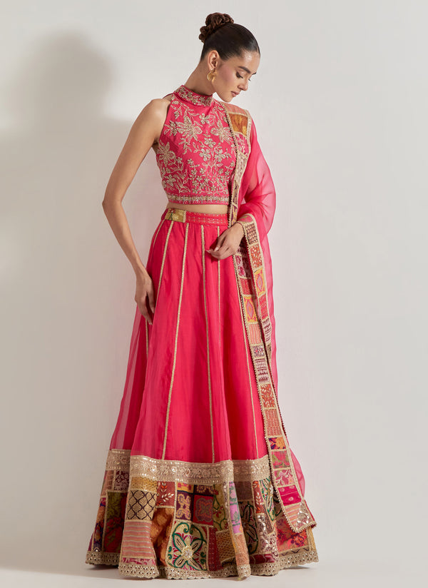 Fuchsia Patch Work Lehnga Set In Organza Silk