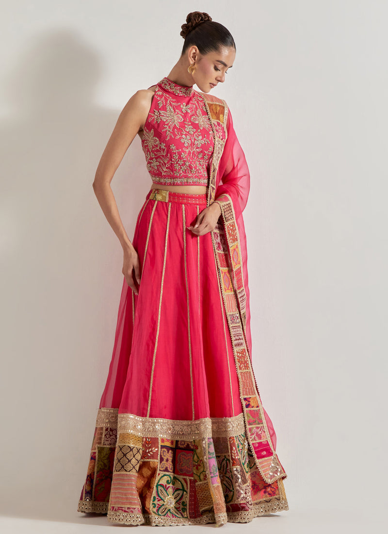 Fuchsia Patch Work Lehnga Set In Organza Silk