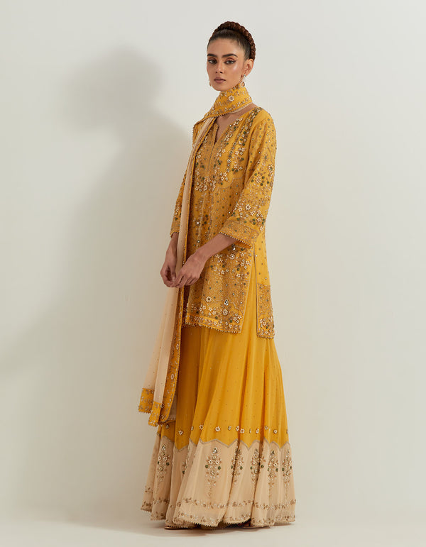 Yellow Pure Georgette And Silk Organza Pearl Zardozi Embroidery Sharara Set