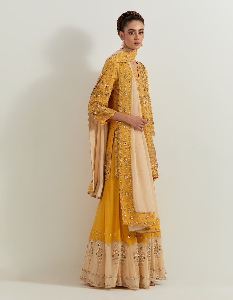Yellow Pure Georgette And Silk Organza Pearl Zardozi Embroidery Sharara Set