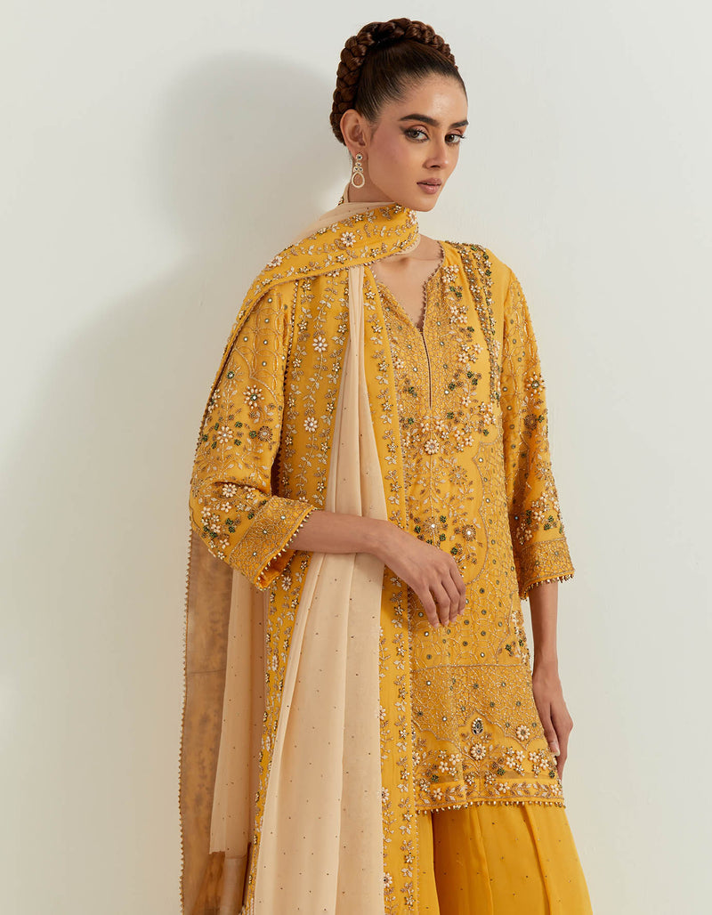 Yellow Pure Georgette And Silk Organza Pearl Zardozi Embroidery Sharara Set