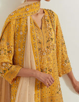 Yellow Pure Georgette And Silk Organza Pearl Zardozi Embroidery Sharara Set