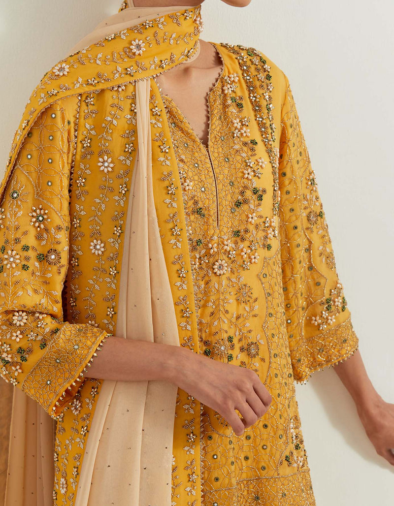 Yellow Pure Georgette And Silk Organza Pearl Zardozi Embroidery Sharara Set