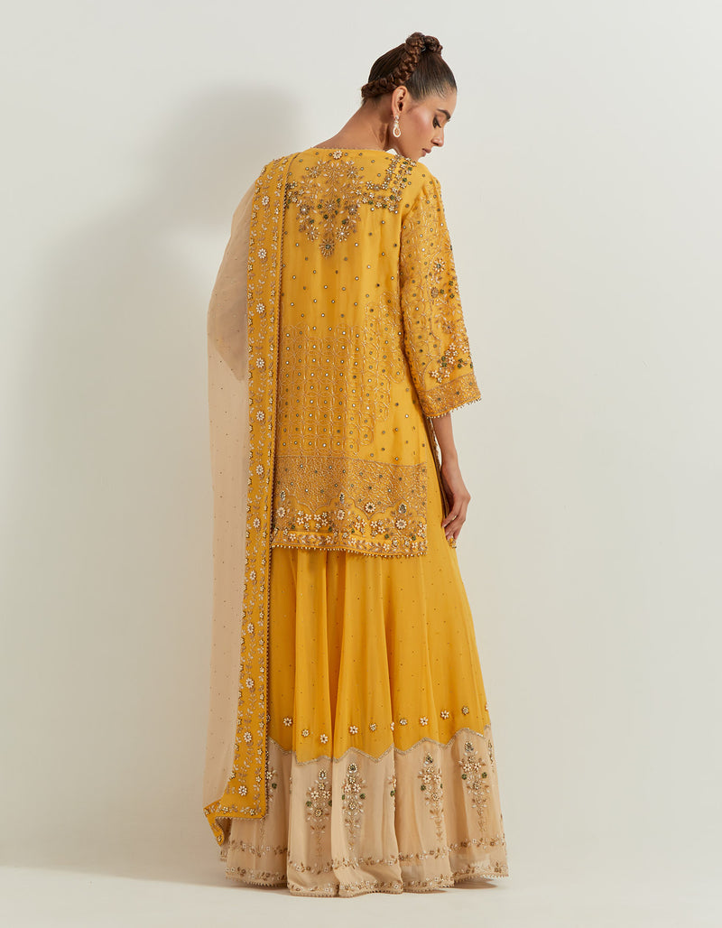 Yellow Pure Georgette And Silk Organza Pearl Zardozi Embroidery Sharara Set