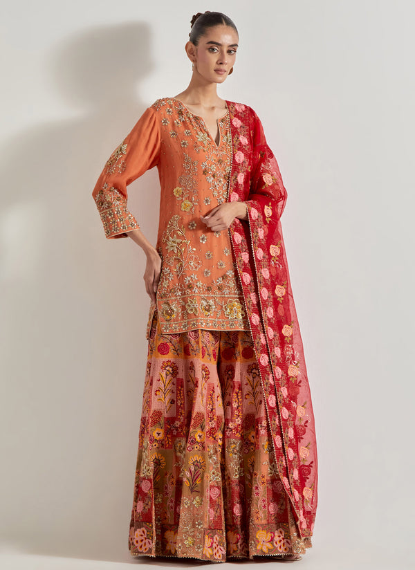 Orange and Red Sajawat Hand Embellished Kurti And Sharara Paired With Red Organza Dupatta