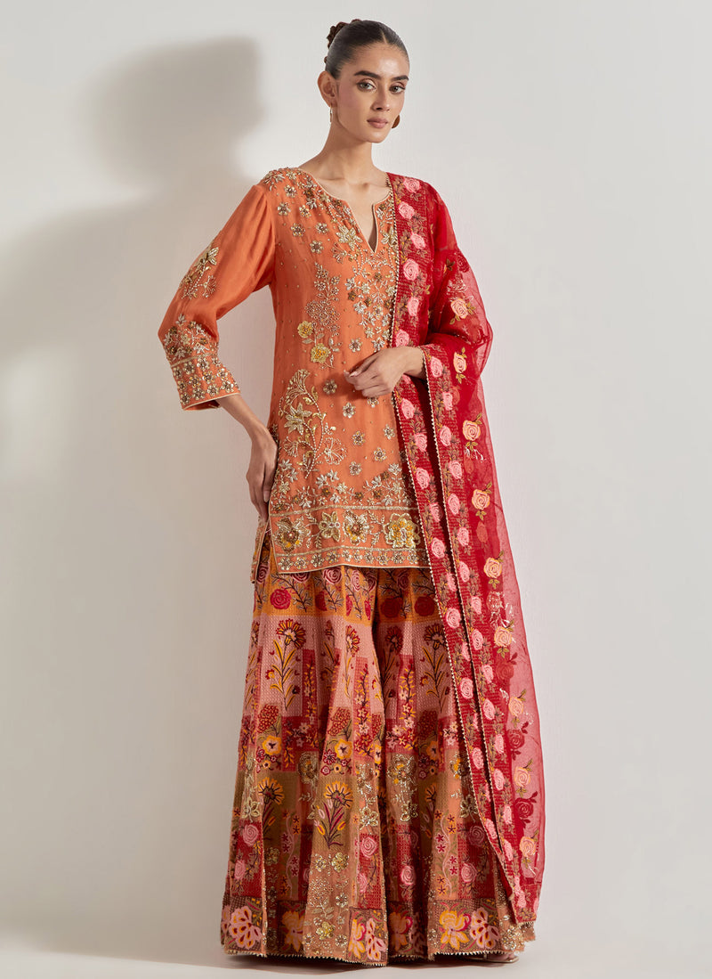 Orange and Red Sajawat Hand Embellished Kurti And Sharara Paired With Red Organza Dupatta