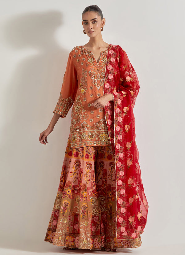 Orange and Red Sajawat Hand Embellished Kurti And Sharara Paired With Red Organza Dupatta