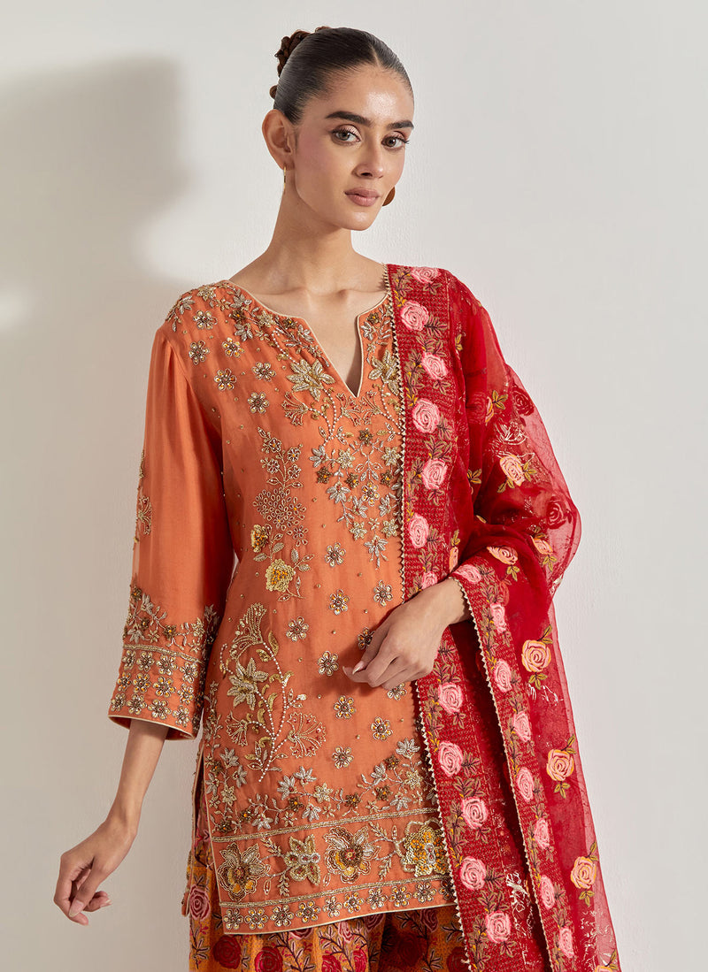 Orange and Red Sajawat Hand Embellished Kurti And Sharara Paired With Red Organza Dupatta