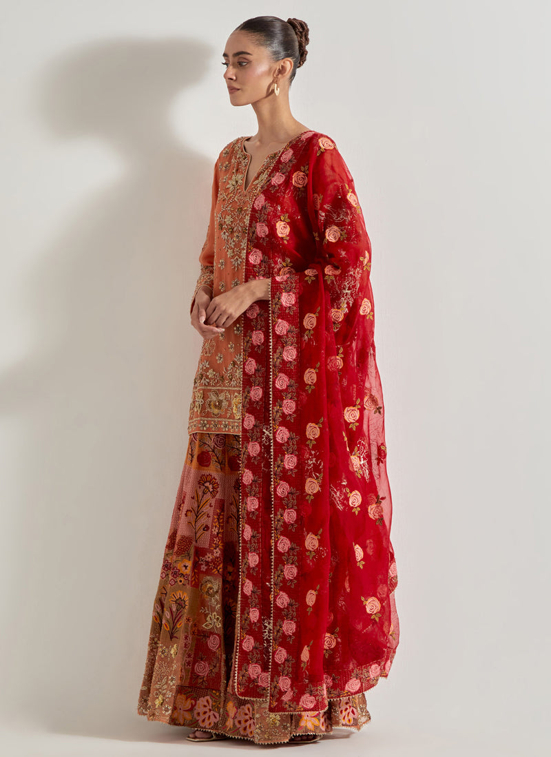 Orange and Red Sajawat Hand Embellished Kurti And Sharara Paired With Red Organza Dupatta