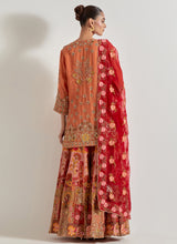 Orange and Red Sajawat Hand Embellished Kurti And Sharara Paired With Red Organza Dupatta