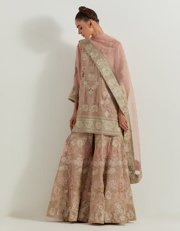 Pink Organza Resham And Pearl Embroidered Sharara Set