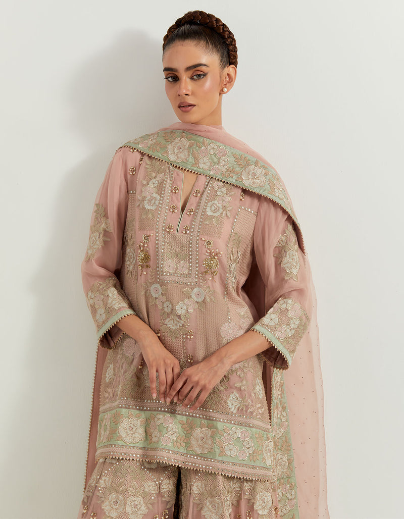 Pink Organza Resham And Pearl Embroidered Sharara Set