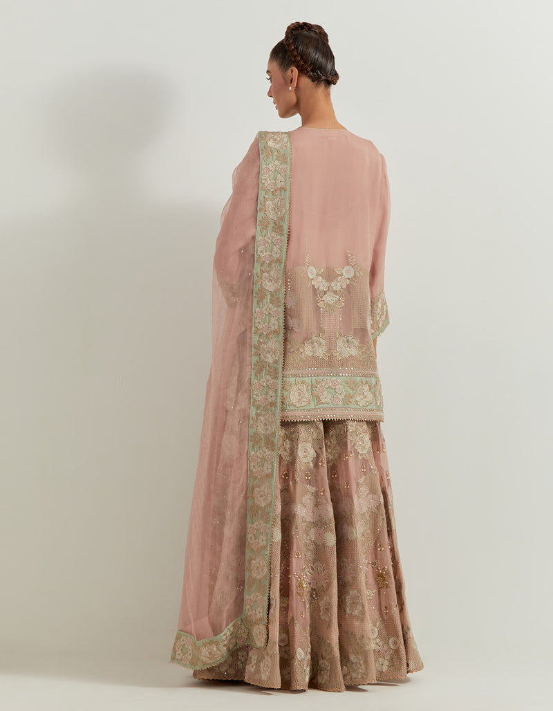 Pink Organza Resham And Pearl Embroidered Sharara Set