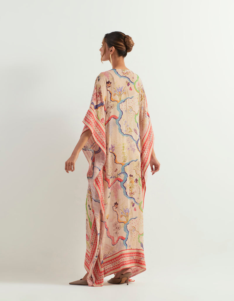 Eclectic Printed Kaftan With Cross Stitch Embroidered Border