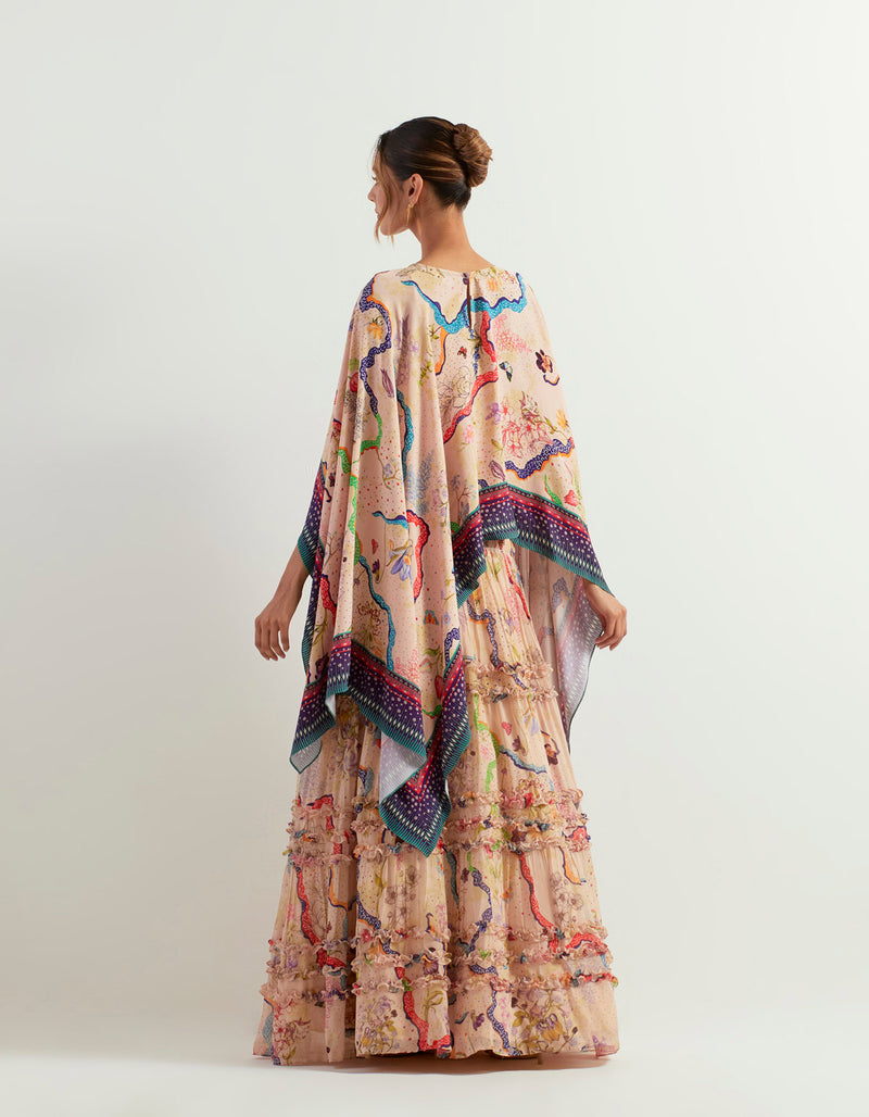 Eclectic Printed Dupatta Cape With Inner Paired With Printed Skirt