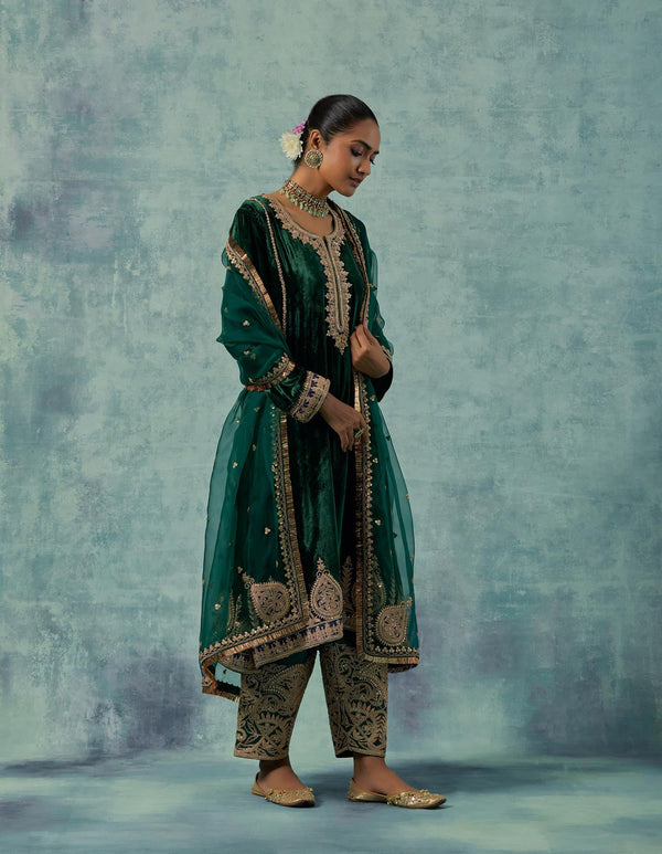 Emerald Green Silk Velvet Kurta with Salwar Set