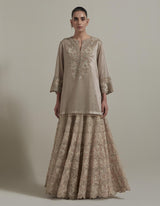 Beige Embellished Short Kurti With Embroidered Skirt