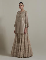 Beige Embellished Short Kurti With Embroidered Skirt