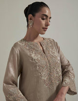 Beige Embellished Short Kurti With Embroidered Skirt