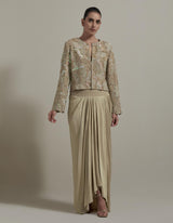 Beige Embellished Short Jacket With Drape Skirt